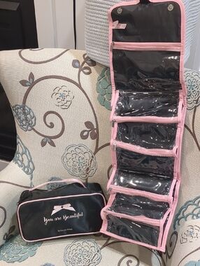 La Vie En Rose Pink Hanging Makeup & Toiletry Organizer with Travel Case